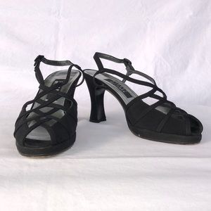 Stuart Weitzman “Judy”, Black Peau, Fabric, w/3.5” Heel & Open Toe